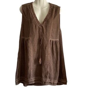 Pretty Angel Linen Blend Lace Trim V-Neck Peplum Top
Sleeveless Brown Sz.S